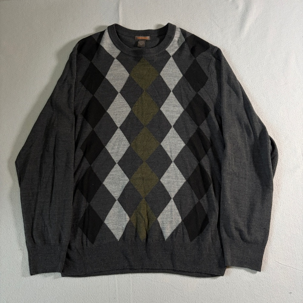 Dockers Mens XL Argyle Crewneck Sweater Charcoal Gray Green Acrylic‎ Knit